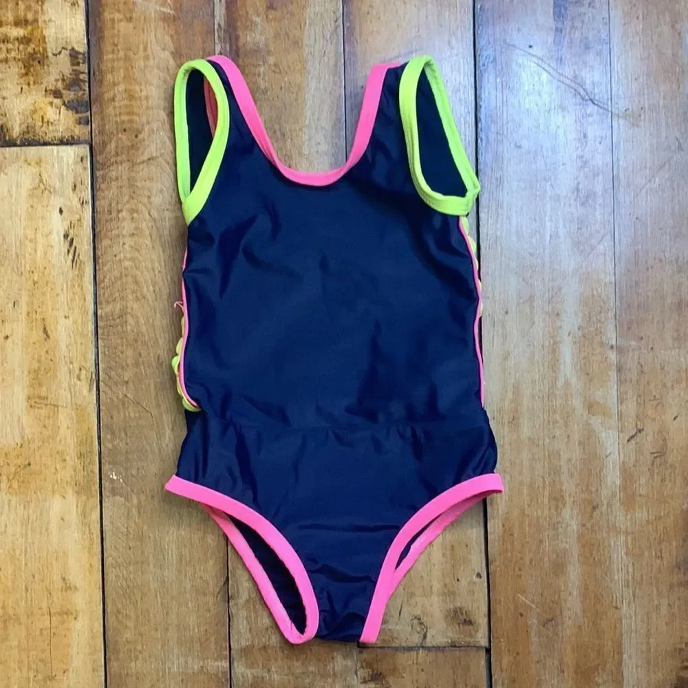 Gap bathing suit 18 to 24 months girls one piece navy blue pink neon trim